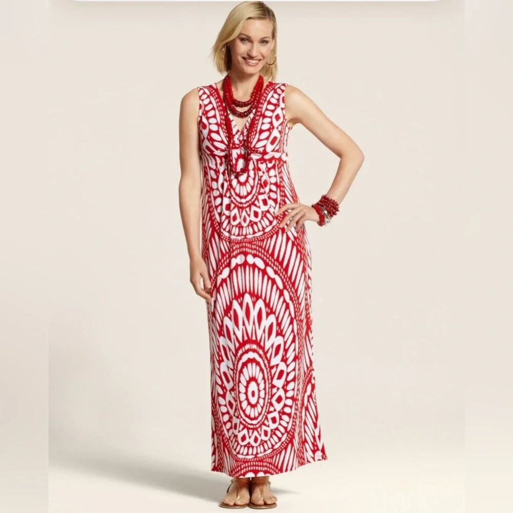 Chico’s Large 12/14 Red White Abstract Print Maxi Dress Sleeveless Empire Waist
